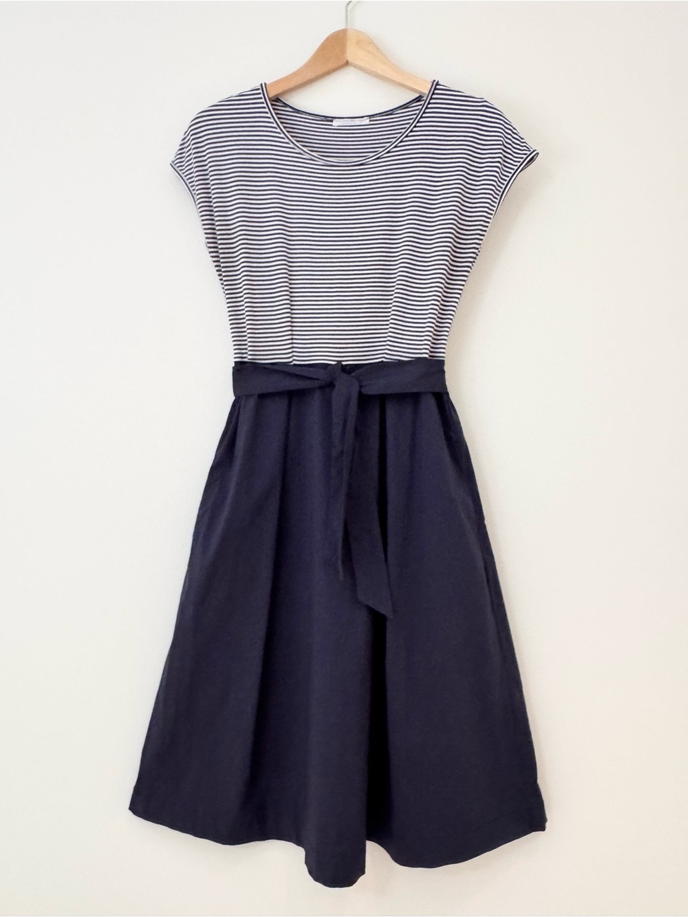HUBERT GASSER Navy Pop Jersey Striped Mixed Media Midi Dress Size IT 40 US 4
